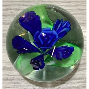 Art Deco Glass Paperweight 3x3" Blue & Green Multi Petal Flower